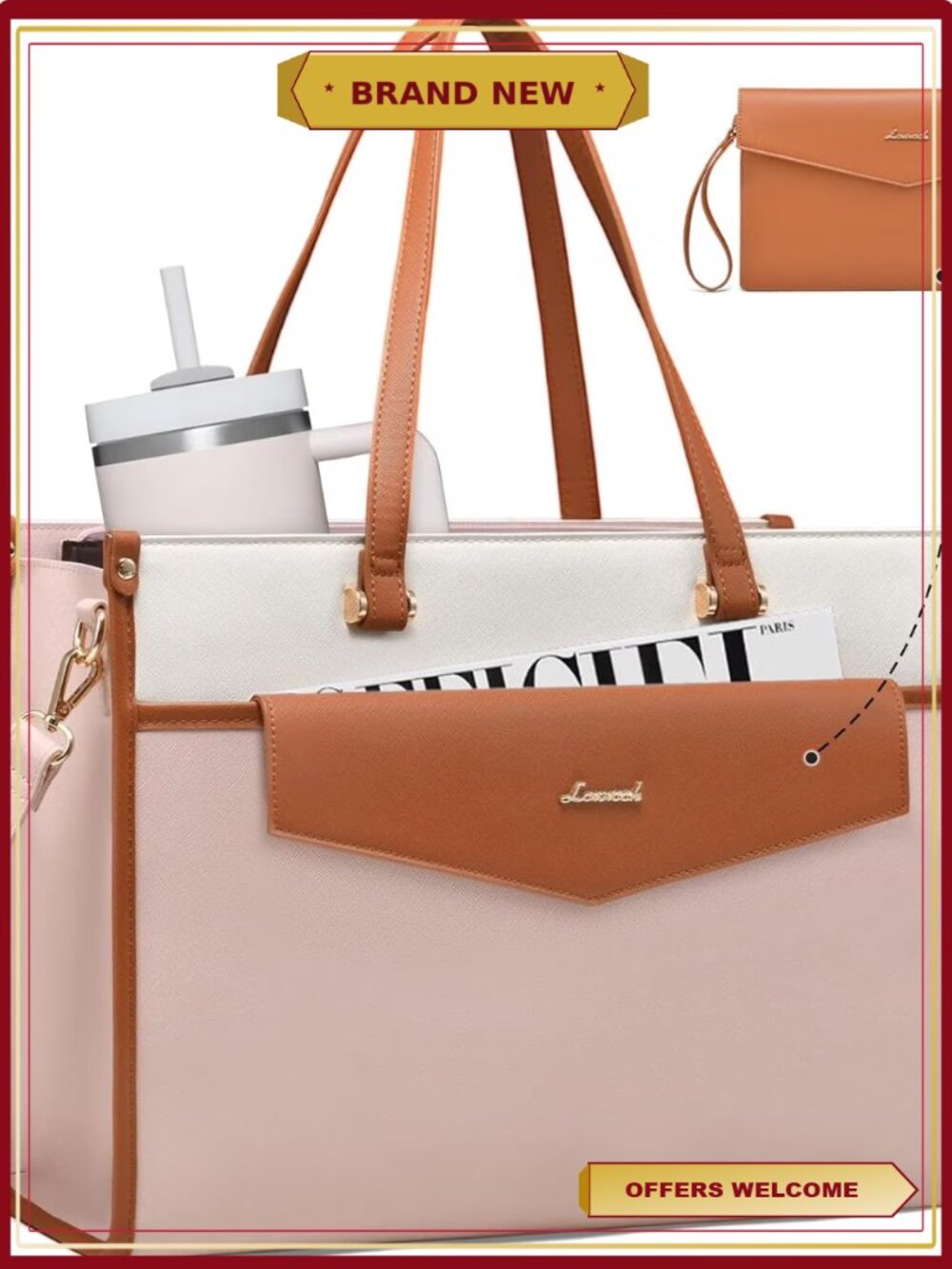 PU Leather Laptop Tote Bag for Women Large Shoulder Work Bag